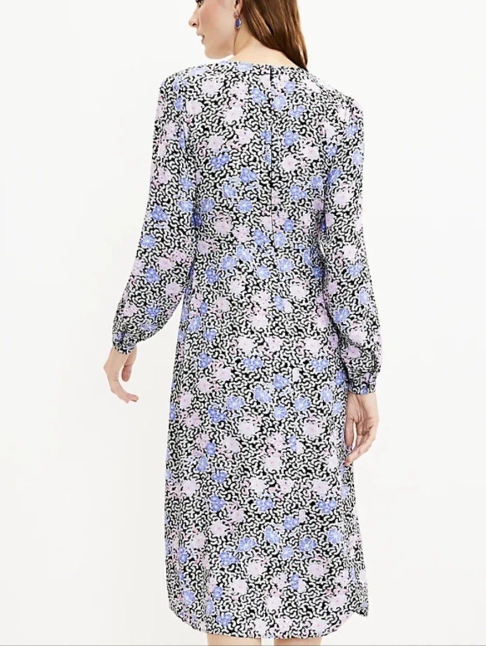NWT Ann Taylor Loft Floral Print V Neck Ruched Midi Dress Long Sleeve Sz 12 - Picture 2 of 9